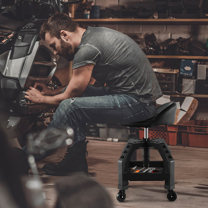 Mechanic Rolling Seat - Stool Chair with Adjustable Height and Tool Tray - Ideal for Workshop Tasks and Solving Garage Storage Issues