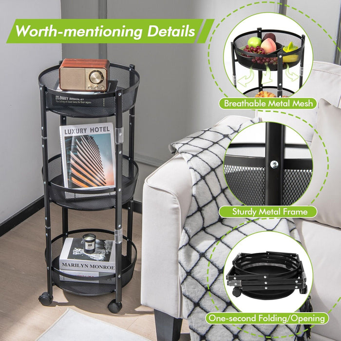3-Tier Folding Metal Storage Trolley - Round/Square Utility Cart - Compact Solution for Organizing Home and Office Supplies
