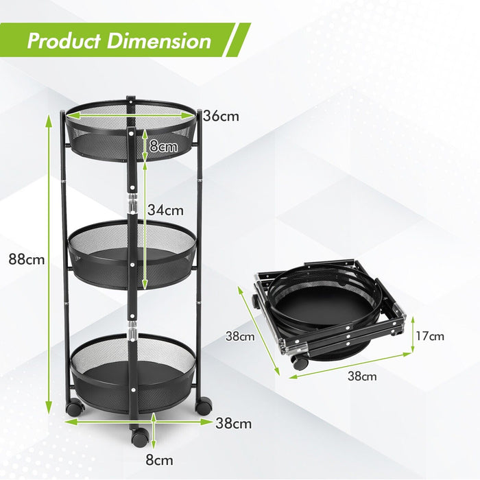3-Tier Folding Metal Storage Trolley - Round/Square Utility Cart - Compact Solution for Organizing Home and Office Supplies