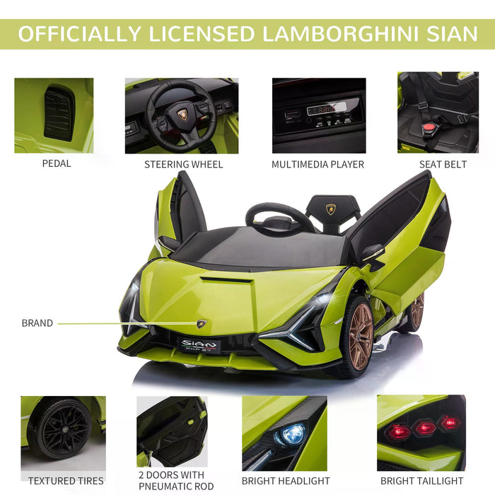 Lamborghini SIAN Electric Ride-On Car for Kids - 12V Battery-Powered Toy with Remote Control, Lights & MP3 Player - Ideal for 3-5 Year Olds, Vibrant Green