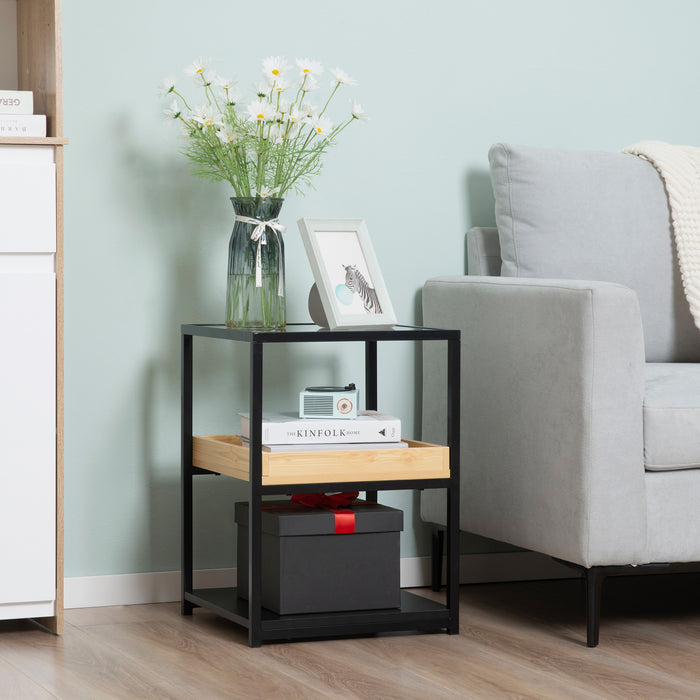 3-Tier Glass Top Side Table - End Table with Storage Shelves & Sturdy Steel Frame - Versatile Nightstand for Bedroom Organization