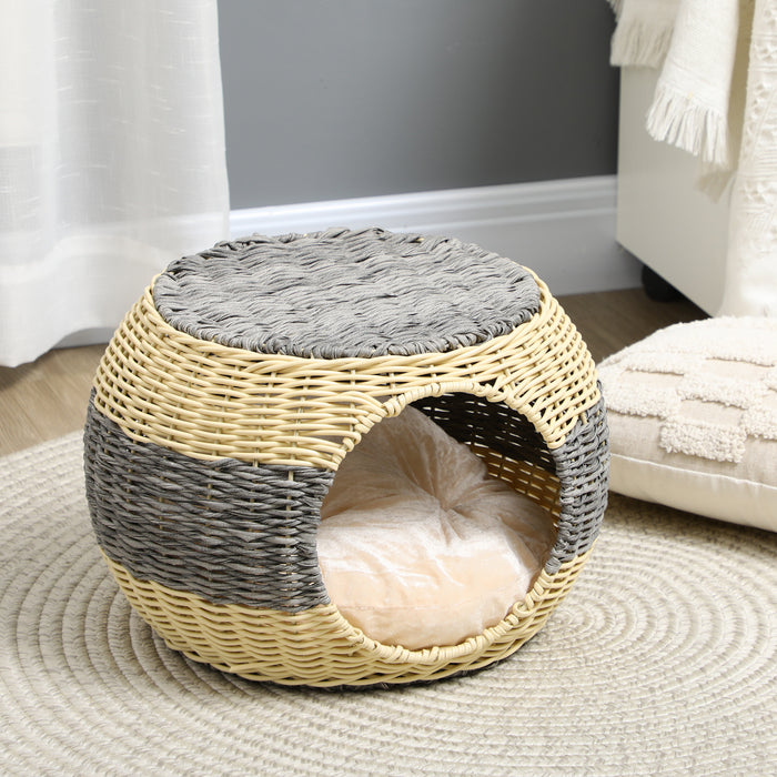 Elevated Rattan Cat Bed - Comfortable Wicker Kitty House with Plush Washable Pillow - Perfect Retreat for Cats & Small Pets