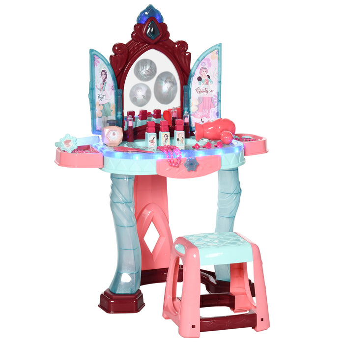 Magic Princess Mirror Dressing Table Playset - 31 PCS Musical Vanity with Light-Up Beauty Mirror and Accessories - Ideal for Kids Ages 3-6, Blue and Pink Pretend Play Toy