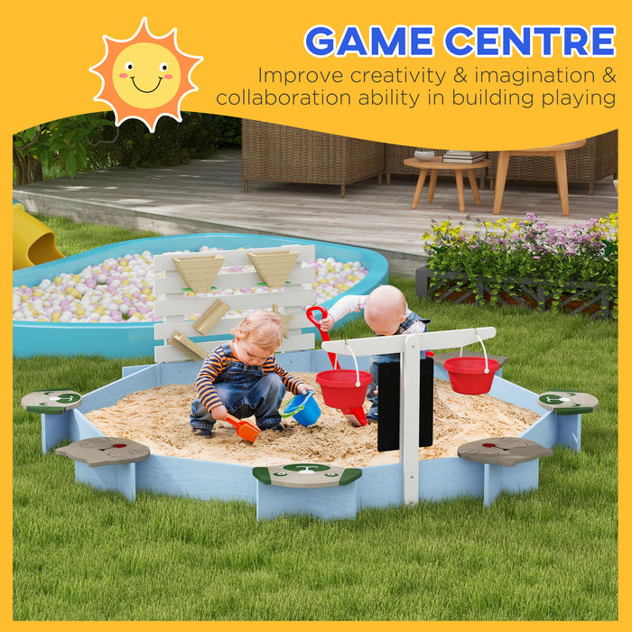 Kids' Outdoor Wooden Sandbox with Built-In Seating - Durable Play Area with 6 Blue Seats - Perfect for Backyard Fun and Creative Play
