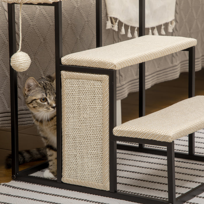 3-Step Cat Stairs with Sisal Scratching Pad and Play Ball - Sturdy Steel Frame Pet Steps, Ideal for Couch Access - 47x45x47cm in Cream White for Cats and Small Dogs