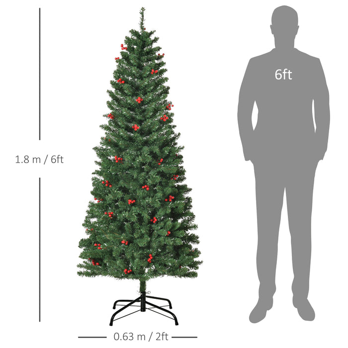 6ft Pre-Lit Slim Green Christmas Tree with LED Lights - Artificial Pencil Design with Red Berries - Festive Holiday Decor for Home Spaces