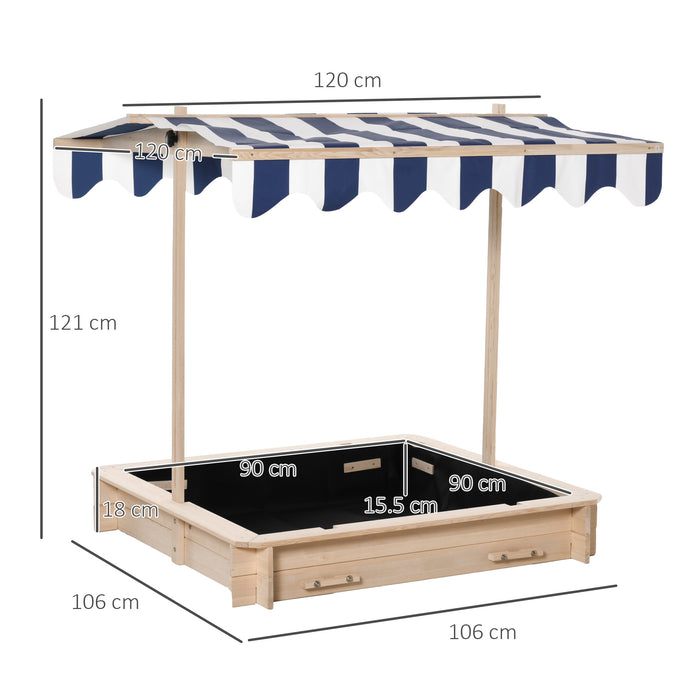 Kids Square Wooden Sandpit with Adjustable Canopy - Outdoor Backyard Cabana Sandbox Play Station, 106x106x121cm - Ideal Playset for Children's Creative Play and Sun Protection