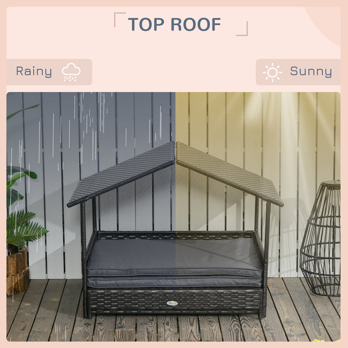Extendable Elevated Canine Lounger - Rattan Pet Abode with Water-Resistant Top, Detachable Plush Padding - Ideal for Small to Medium Dogs in Stylish Grey