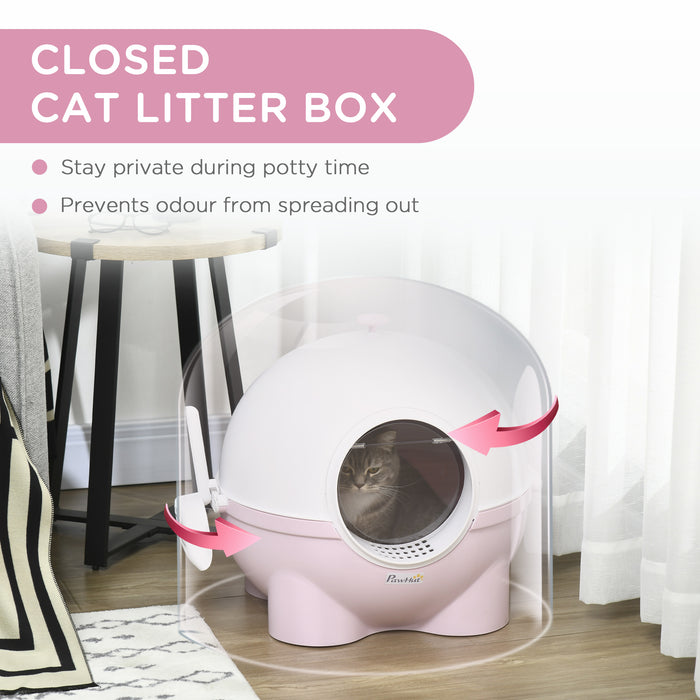 Extra-Large Hooded Cat Litter Box with Scoop - Easy-Carry Top Handle, Front Entry Design, 53x51x48 cm - Perfect for Multiple Cats or Large Breeds in Pink