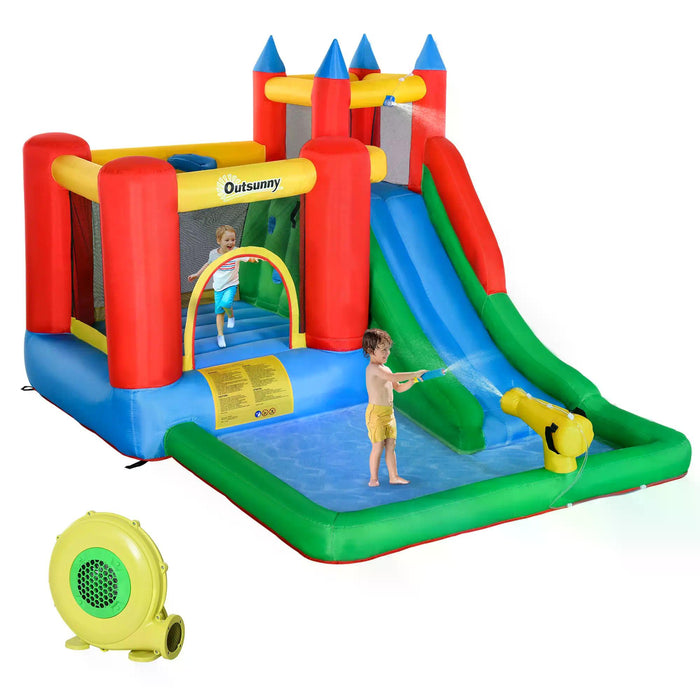 Kids 6-in-1 Inflatable Bouncy Castle with Water Slide - Bounce House with Jumping Area, Climbing Wall, Water Pool, Spray Gun, Basketball Hoop - Ultimate Summer Backyard Playland for Children