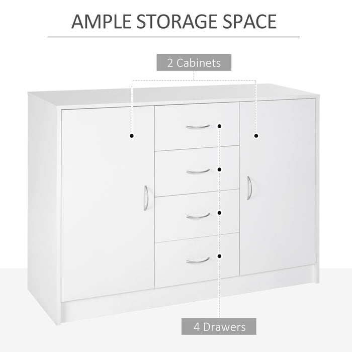 Storage Cabinet Sideboard with 2 Doors & 4 Drawers - Free Standing Cupboard & Chest Organizer for Home - Ideal for Kitchen and Living Room Organization, White