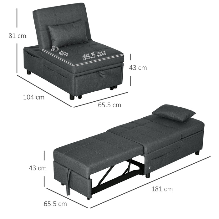 3-in-1 Convertible Sleeper Chair Bed with Padding - Adjustable Recliner, Wheels and Pillow, Grey - Perfect for Small Spaces and Guest Rooms