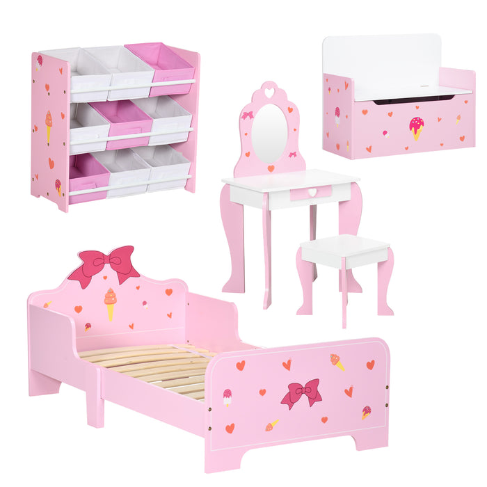 Princess Bedroom Set for Kids - 5PCs: Includes Bed, Toy Box Bench, Storage, Dressing Table & Stool - Ideal for Ages 3-6, Pink Decor