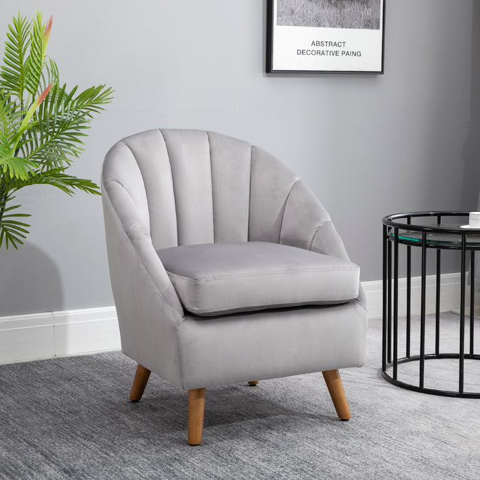 Velvet Fabric Accent Chair - Single Sofa Armchair with Solid Wood Legs for Home Living Room - Upholstered Grey Side Chair for Elegant Seating Comfort