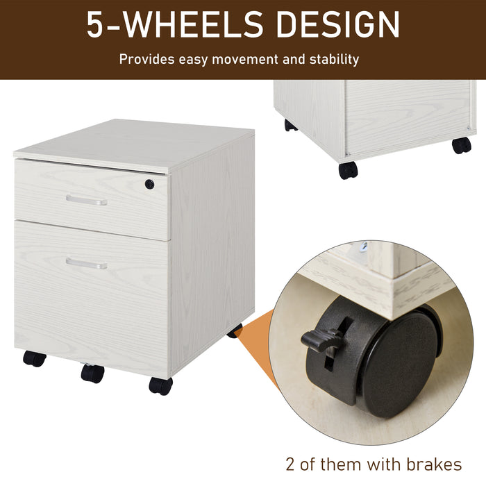Lockable 2-Drawer Filing Cabinet with 5 Wheels - Rolling Office Storage for Legal & Letter Files - Sleek White Cupboard for Home Organization