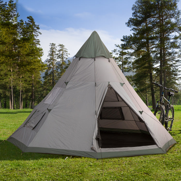 6-Person Tipi Camping Tent - Family Teepee with Mesh Windows, Zippered Entrance & Carry Bag - Easy Setup for Hiking, Picnics & Outdoor Adventures, Green/Grey