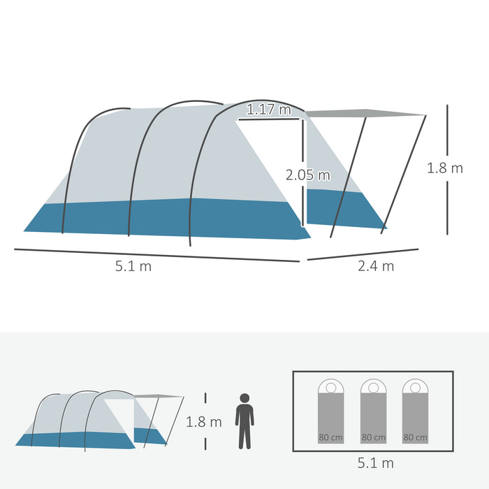 Extra-Large 6-8 Person Tunnel Tent with Bedroom and Living Space - Waterproof Family Camping Shelter with Sewn-in Groundsheet, Triple Entrances - Fishing Adventures, Outdoor Trips and Festivals