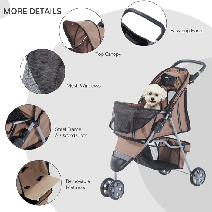 Pet Travel Stroller with Three Wheels - Convenient Dog Pushchair in Coffee Color - Ideal for Pet Transportation and Comfort on the Go