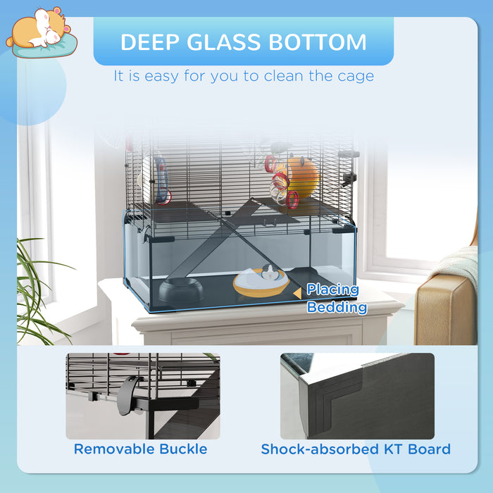 Dwarf Hamster & Gerbil Cage with Deep Glass Base - Includes Tunnels, Cozy Hut, and Exercise Wheel for Small Pet Enrichment - Spacious 60x40x57 cm Habitat for Rodent Comfort