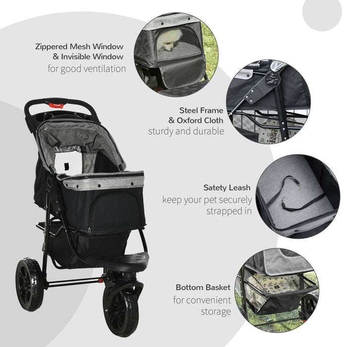 3-Wheel Folding Pet Stroller for Dogs - Adjustable Canopy, Mesh Window, Storage & Brake Features in Grey - Ideal Dog Jogger and Travel Carrier for Pet Lovers
