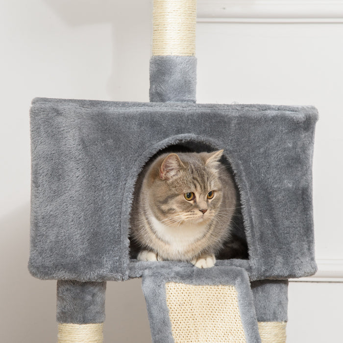 3-Tier Cat Scratching Post with Sisal Rope - Includes Hanging Play Toy, Grey - Ideal for Claw Maintenance & Playful Kittens