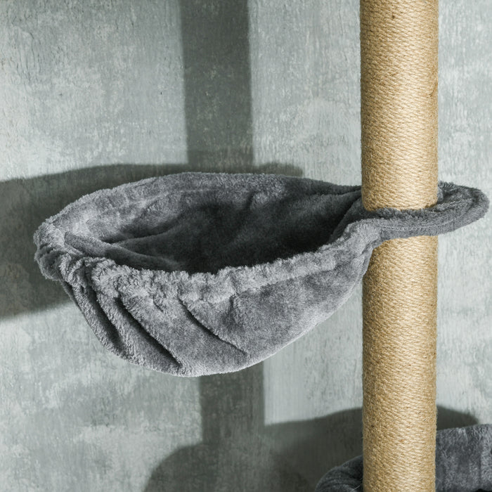 6-Tier Play Tower Climbing Activity Center - Durable Floor to Ceiling Cat Tree with Scratching Post, Hammock, Adjustable Height 230-250cm - Ideal for Feline Play and Relaxation in Grey