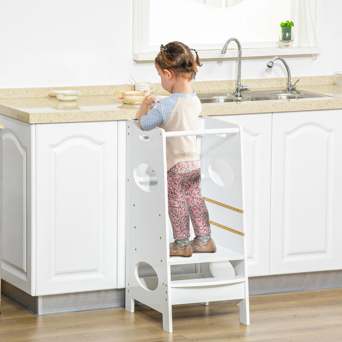 Adjustable Kids Step Stool - Toddler Kitchen Helper Tower with Standing Platform - Safe Cooking Access for Children Counter Height White
