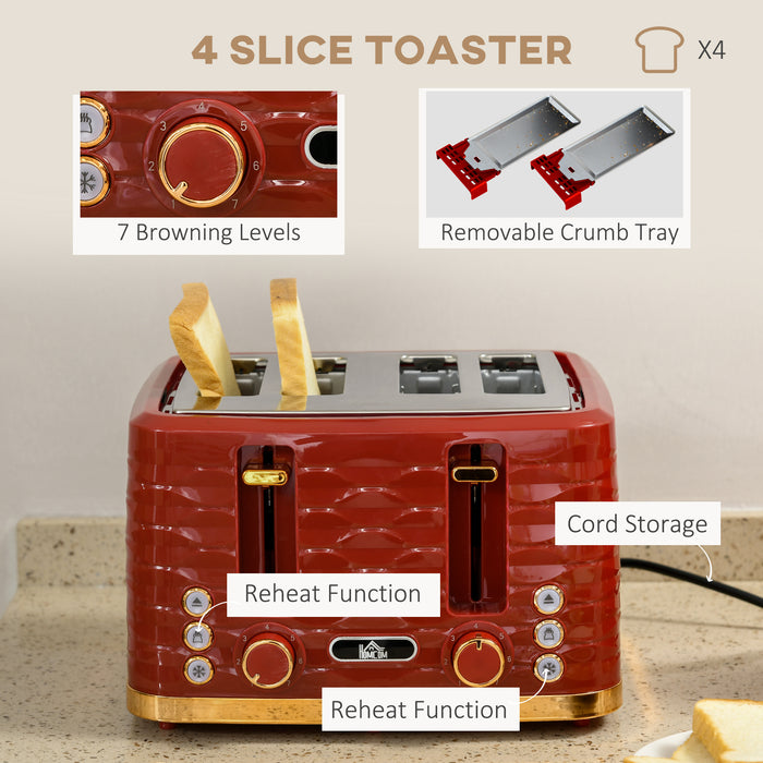 3000W 1.7L Quick Heat Kettle & 4-Slice Toaster Combo - High-Capacity Fast Boiling and Adjustable Browning with Crumb Tray in Red - Ideal for Busy Kitchens and Breakfast Prep