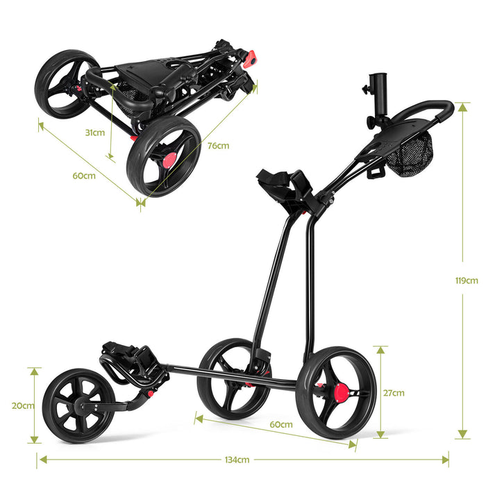 Three-Wheel Golf Push Cart - Folding Mechanics, Adjustable Handle, Included Foot Brake - Ideal for Golfers Seeking Convenient Transport on Greens