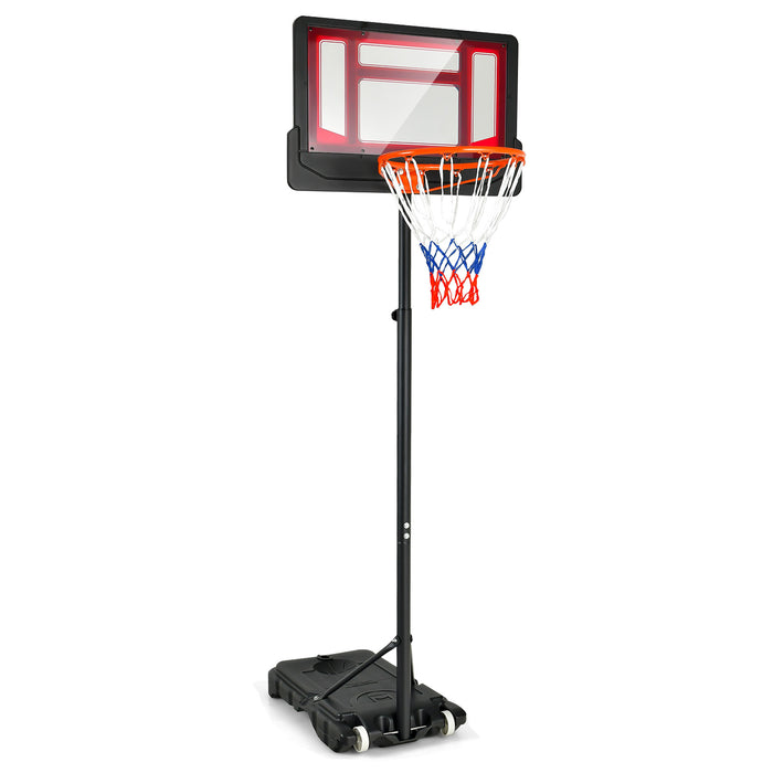 Youth Portable Basketball Stand in Red - Adjustable Height Stand with Rolling Wheels - Ideal for Developing Basketball Skills in Young Athletes