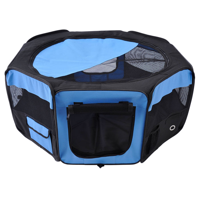Fabric Pet Playpen with 8-Panel Mesh Construction - Foldable and Portable Enclosure for Puppy, Rabbit, Guinea Pig, Cat - Ideal for Outdoor Play and Exercise, 90 cm Diameter x 41 cm Height, in Blue
