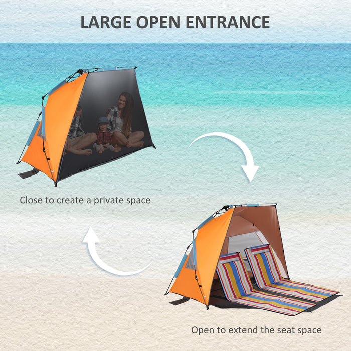 Pop Up Beach Tent with Extended Porch - Easy Setup Sun Shelter with Sandbags and Mesh Screen Windows - Portable Canopy for Solo or Duo Beachgoers