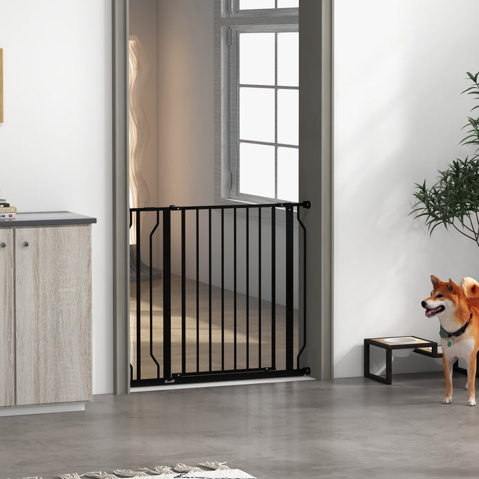 Extra-Wide Adjustable Dog Safety Gate with Walk-Through Door - Pressure Mount for Doorways, Hallways, Staircases - Pet Barrier for Home Safety, Black