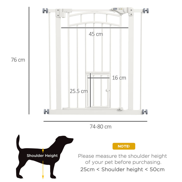 Pressure Fit Stair Gate with Cat Door - Auto-Closing Safety Barrier, Double-Locking - Pet Management for Home, Fits 74-80cm Spaces