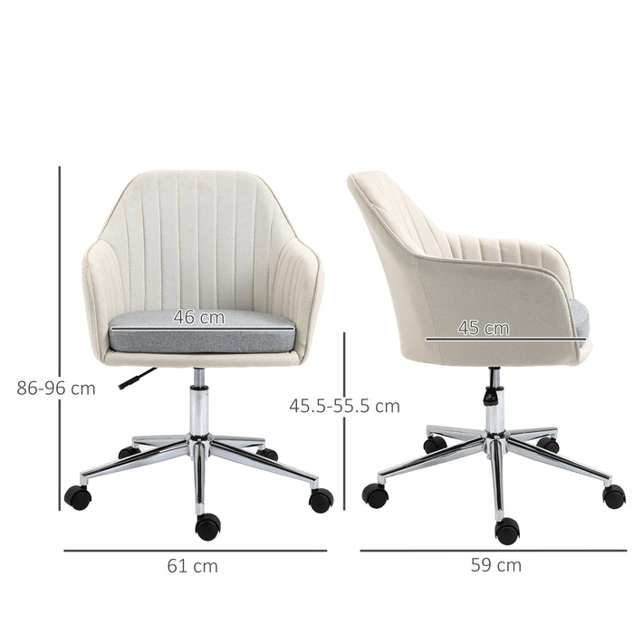 Linen Fabric Leisure Office Chair - Swivel Scallop-Shaped Computer Desk Chair with Wheels - Ideal for Home Study and Bedroom Comfort, Beige