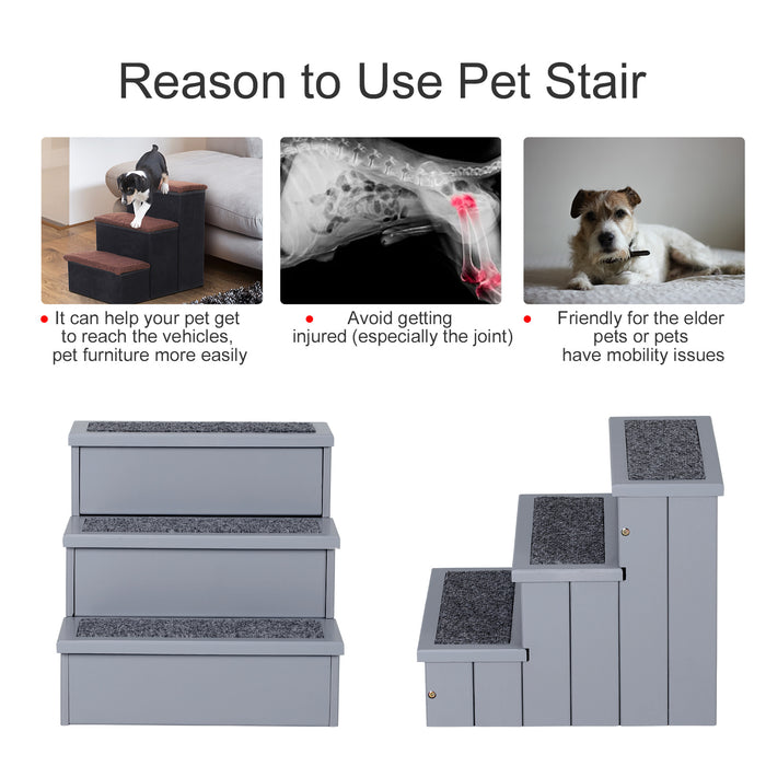 3-Step Wooden Pet Stairs - Dog and Cat Friendly Steps with Non-Slip Carpet Treads, Grey - Ideal for Small to Medium Sized Pets Accessing Beds and Sofas