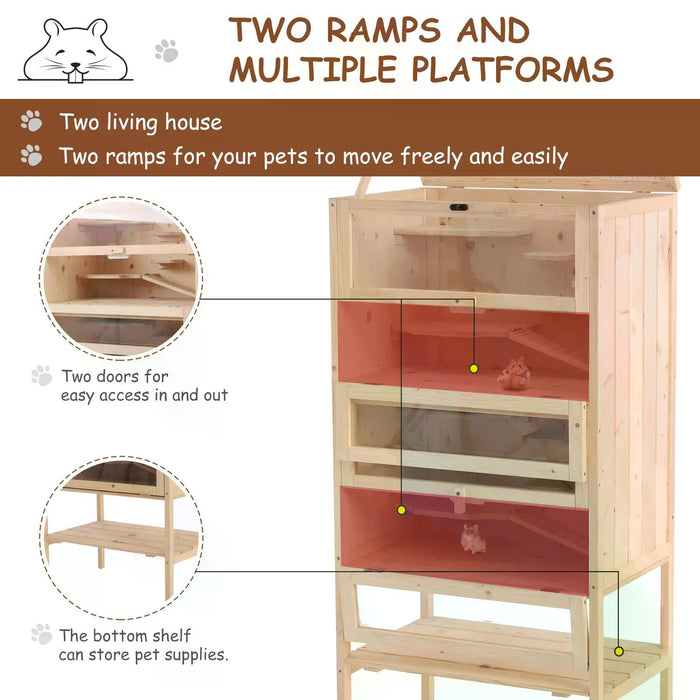 Wooden Hamster Cage for Small Pets - 4-Tier Design with Bottom Storage Shelf, Easy-to-Clean - Ideal for Mice and Rodent Comfort and Play