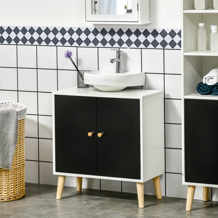 Under-Sink Cabinet with Adjustable Shelf - Modern Bathroom Storage Solution with Solid Wood Legs - Sleek Black and White Design for Home Organization