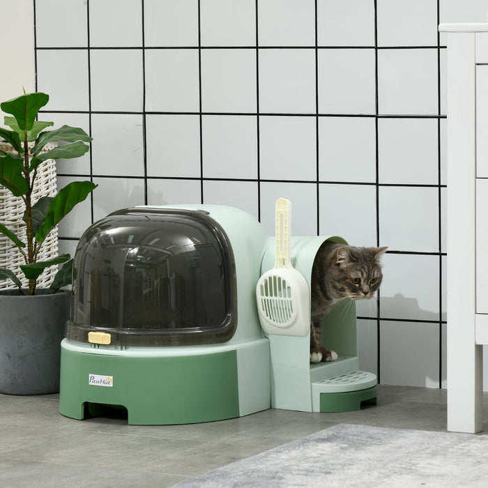 PP Cat Litter Box with Drawer - Easy-Clean Scoop & Openable Cover Design in Green - Ideal for Hassle-Free Pet Waste Management