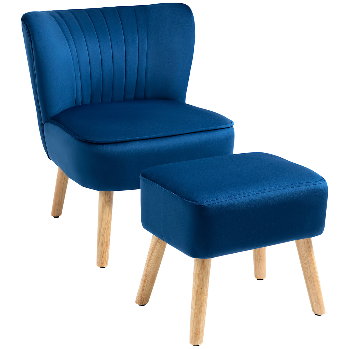 Velvet Tub Chair with Matching Ottoman - Plush Curved Back Accent Seat with Padded Cushioning and Sturdy Wooden Legs - Elegant Home Seating for Living Room or Lounge Space, Dark Blue