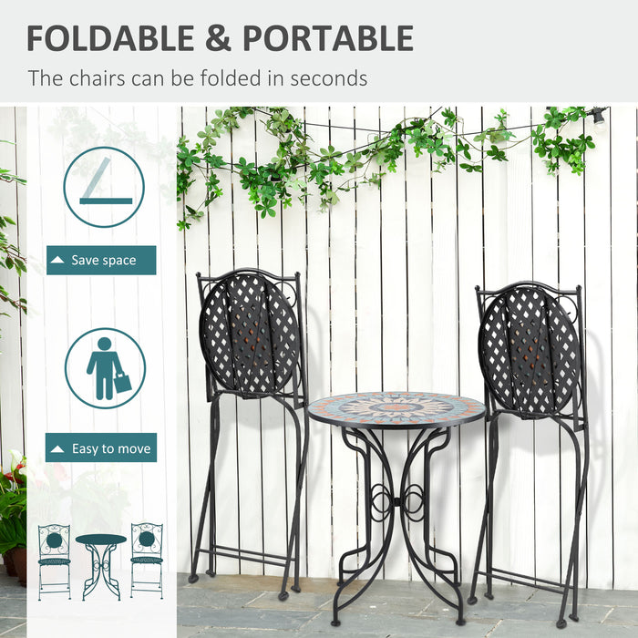3-Piece Metal Garden Bistro Set with Mosaic Tabletop - Folding Chairs & Round Table for Outdoor Use - Ideal for Balcony & Poolside, Light Blue
