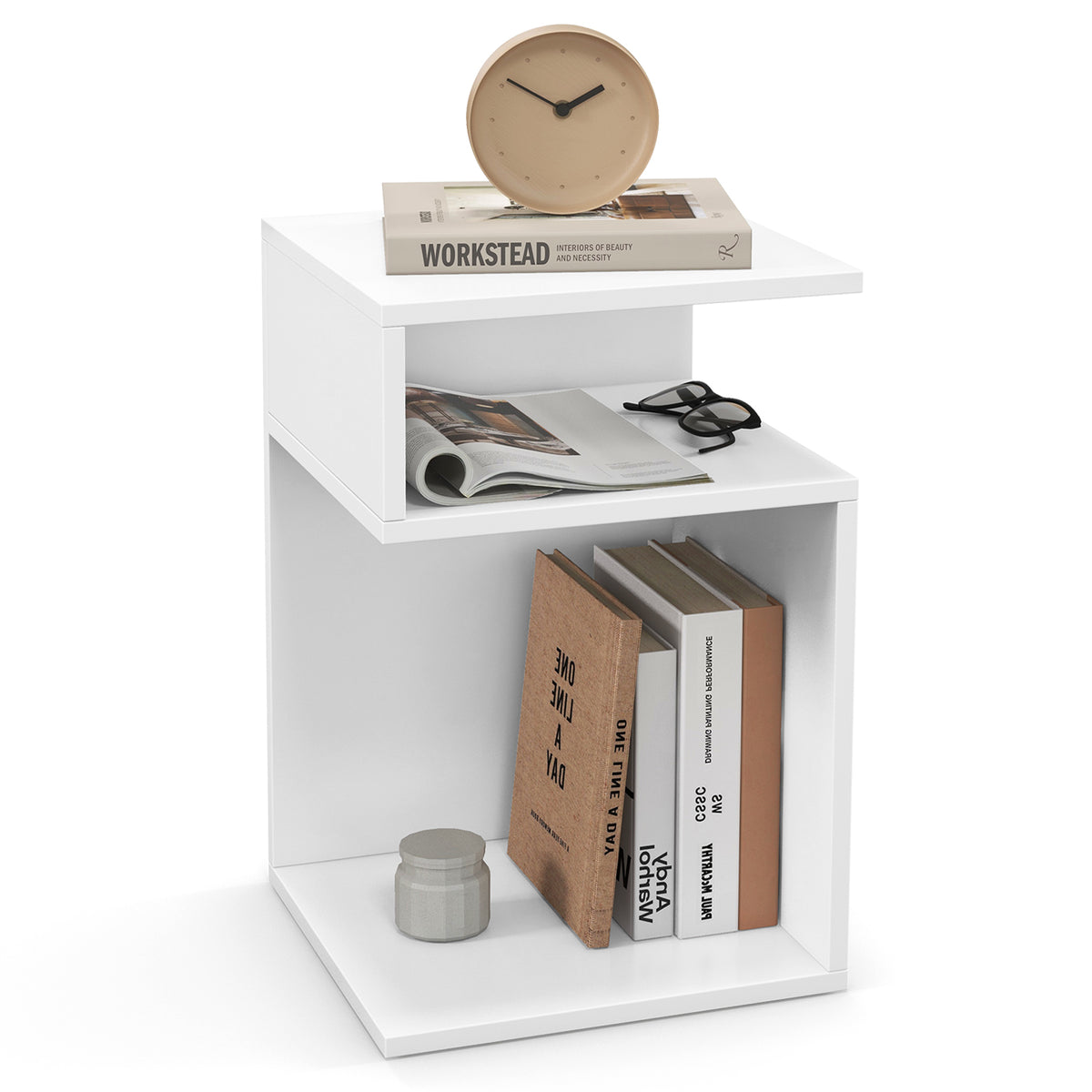 S-Shaped Side Table - Two Open Compartments, Ideal for Small Spaces - Perfect for Organizing and Storing Essentials in Compact Areas