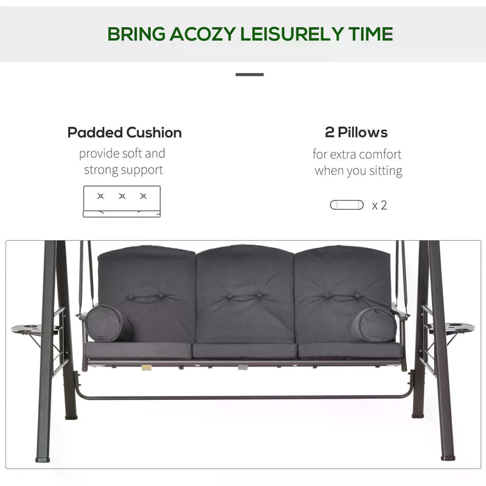 3-Seater Garden Swing Chair - Adjustable Canopy Outdoor Hammock Bench with Cushions & Cup Trays, Steel Frame in Dark Grey - Perfect for Patio Relaxation and Entertainment