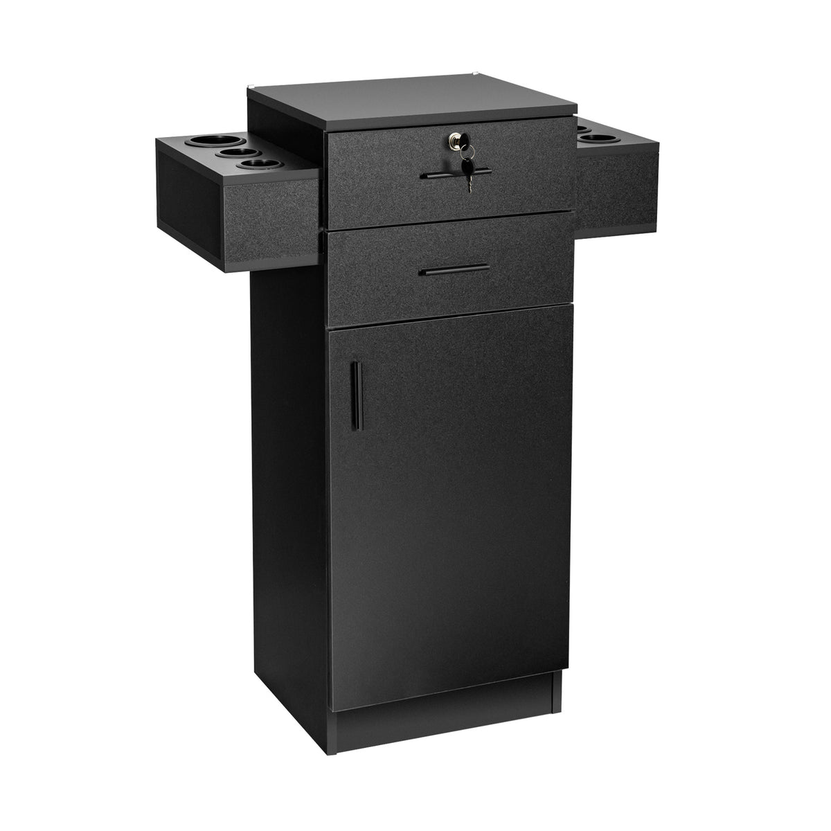 Salon Storage Cabinet - 3-Tier Locking System with 2 Drawers and 6 Hair Dryer Holders in Black - Ideal for Professional Hairstylists and Salons