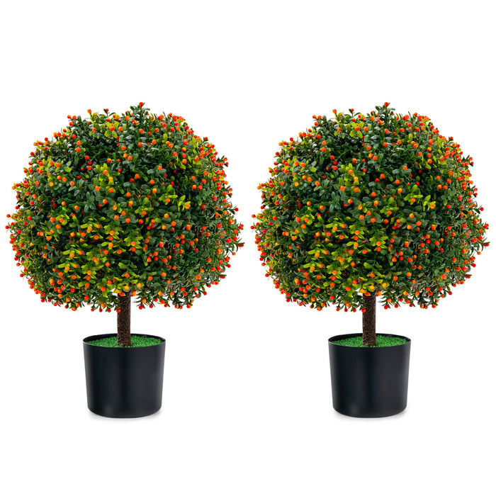 Set of 2 Artificial Boxwood Topiary - Ball Tree Design with Decorative Orange Fruit - Perfect for Indoor & Outdoor Home Decor