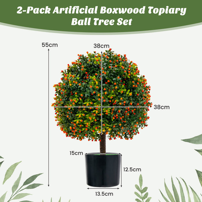 Set of 2 Artificial Boxwood Topiary - Ball Tree Design with Decorative Orange Fruit - Perfect for Indoor & Outdoor Home Decor