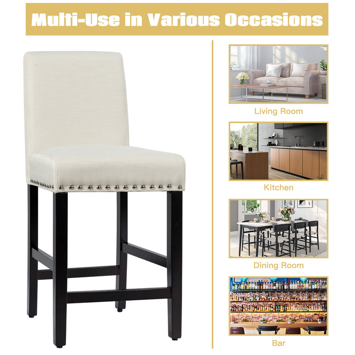 Set of 2 Beige Bar Stools - Upholstered Fabric, Low Backrest, Wide Seat Design - Ideal for Comfortable and Stylish Seating Arrangement