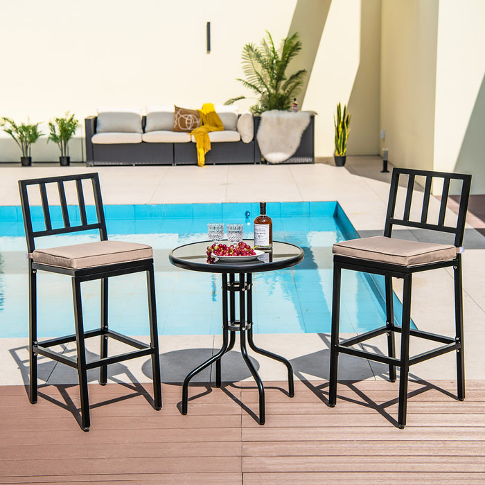 Set of 2 Patio Bar Chairs - Detachable Cushion and Footrest, Black Bar Stools - Ideal for Outdoor Lounging and Entertaining
