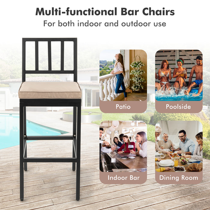 Set of 2 Patio Bar Chairs - Detachable Cushion and Footrest, Black Bar Stools - Ideal for Outdoor Lounging and Entertaining