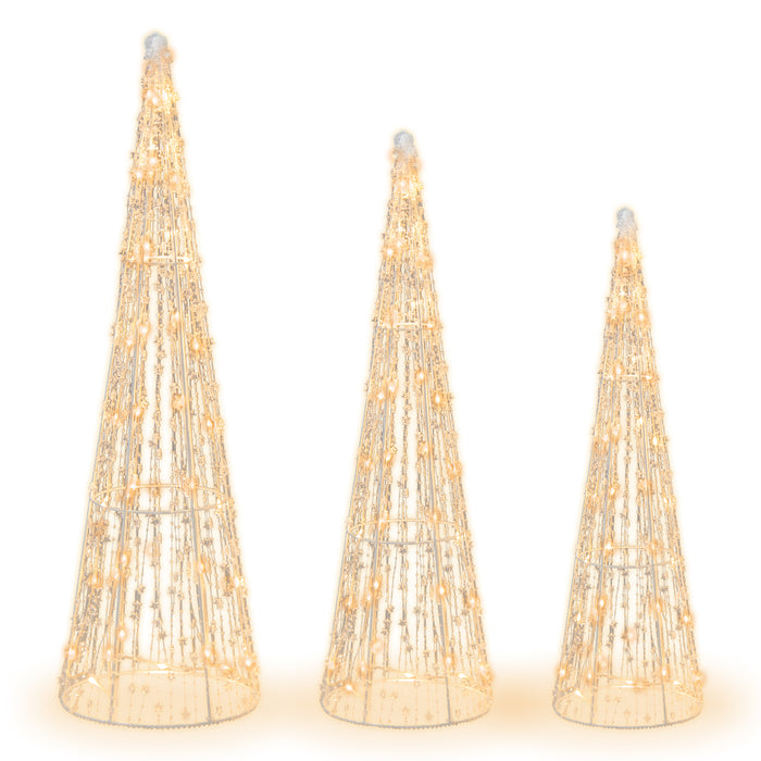 Pre-Lit Christmas Cone Trees Set - Decorative Festive Trees with Star Strings Lighting - Ideal Holiday Charm for Home Decor